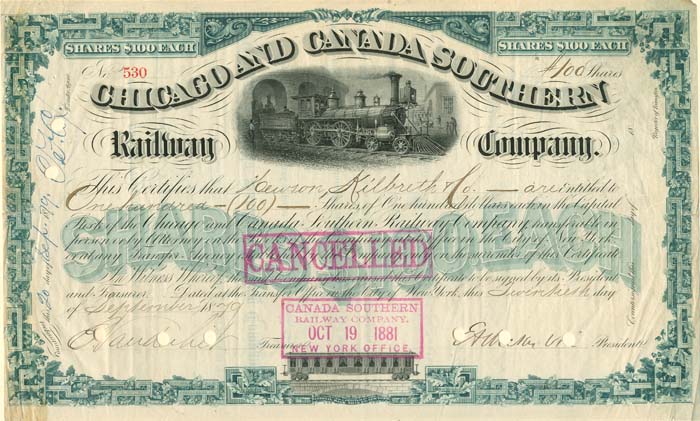 Chicago and Canada Southern Railway signed by C. Vanderbilt, Jr.